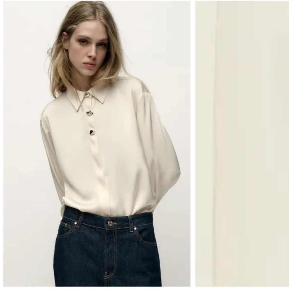 Zara Elegant Cream Button-Down Blouse Gold button details S